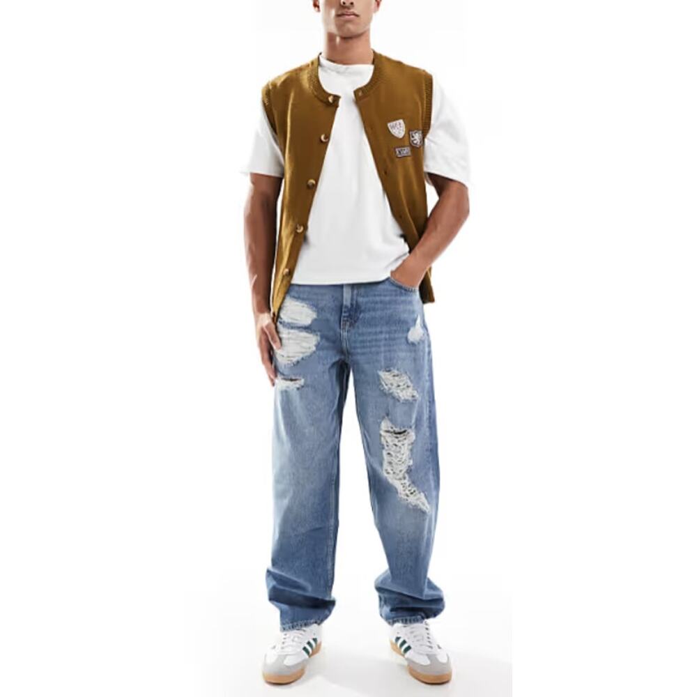 ASOS Design Baggy Jeans Heavy Rips Distressed Mid Wash Blue 100% Cotton W38 L34